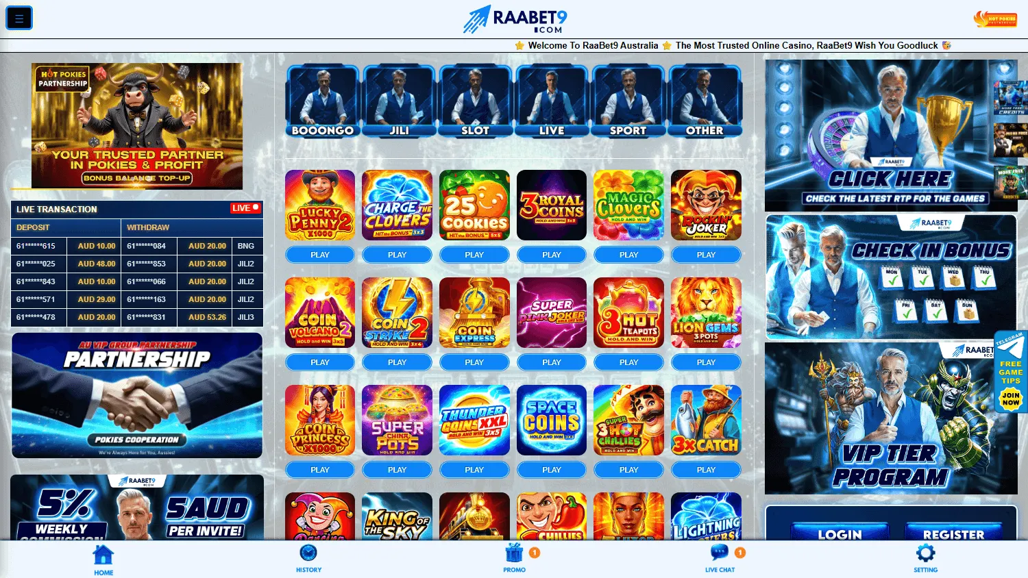 Raabet9 Casino desktop games selection with casino and live game categories