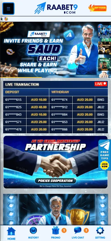 Raabet9 Casino mobile game selection with slots and live casino options
