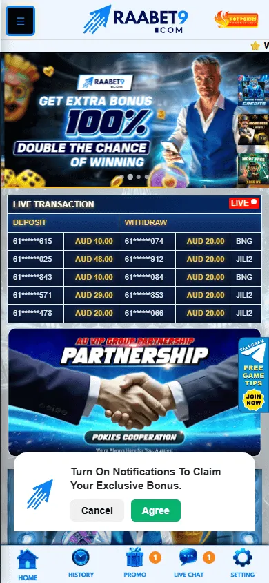 Raabet9 Casino mobile app home with access to AUD casino offers