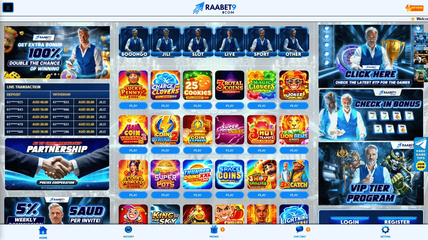 Raabet9 Casino desktop home with AUD offers and casino access
